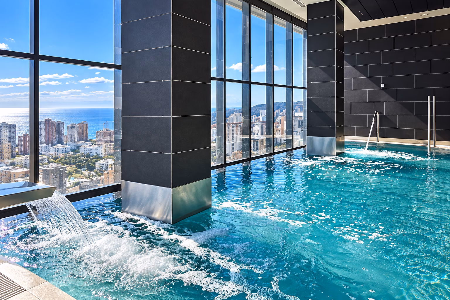 Piscina interior climatizada con chorros y vistas a la ciudad