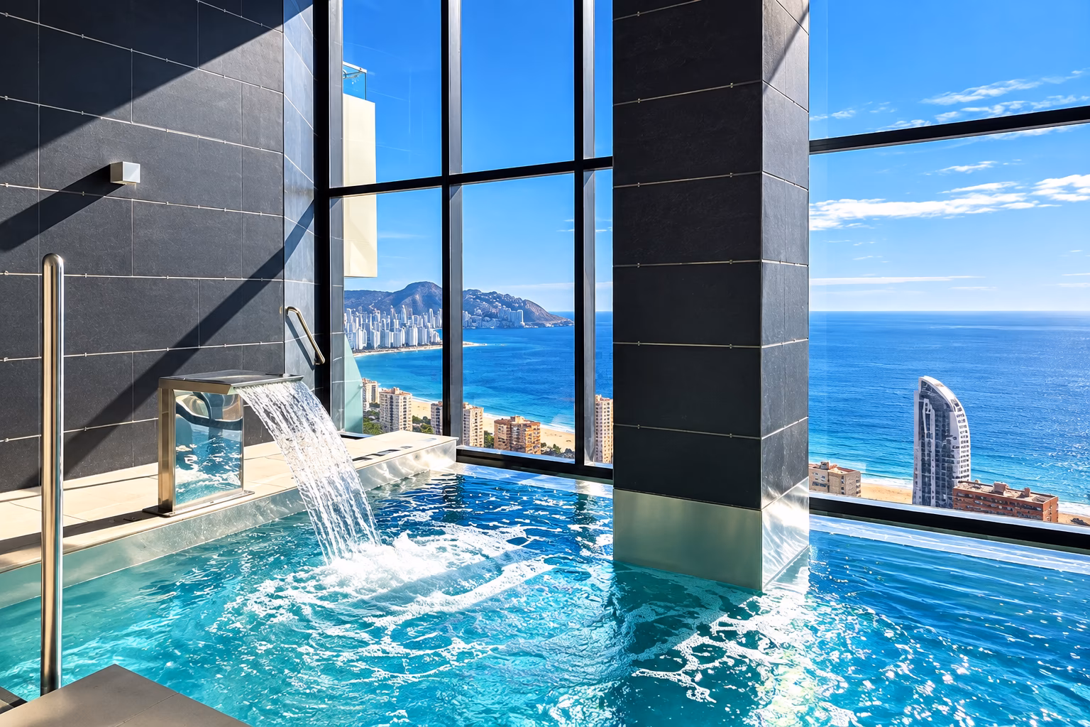 Piscina interior con chorros y vistas al mar