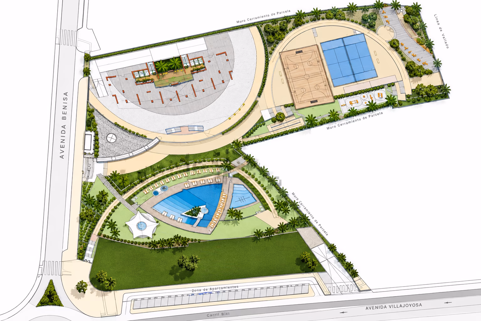 Plano de la urbanización: torre, piscina laguna con isla, piscina infantil, pistas de pádel y multideporte, jardines y aparcamiento