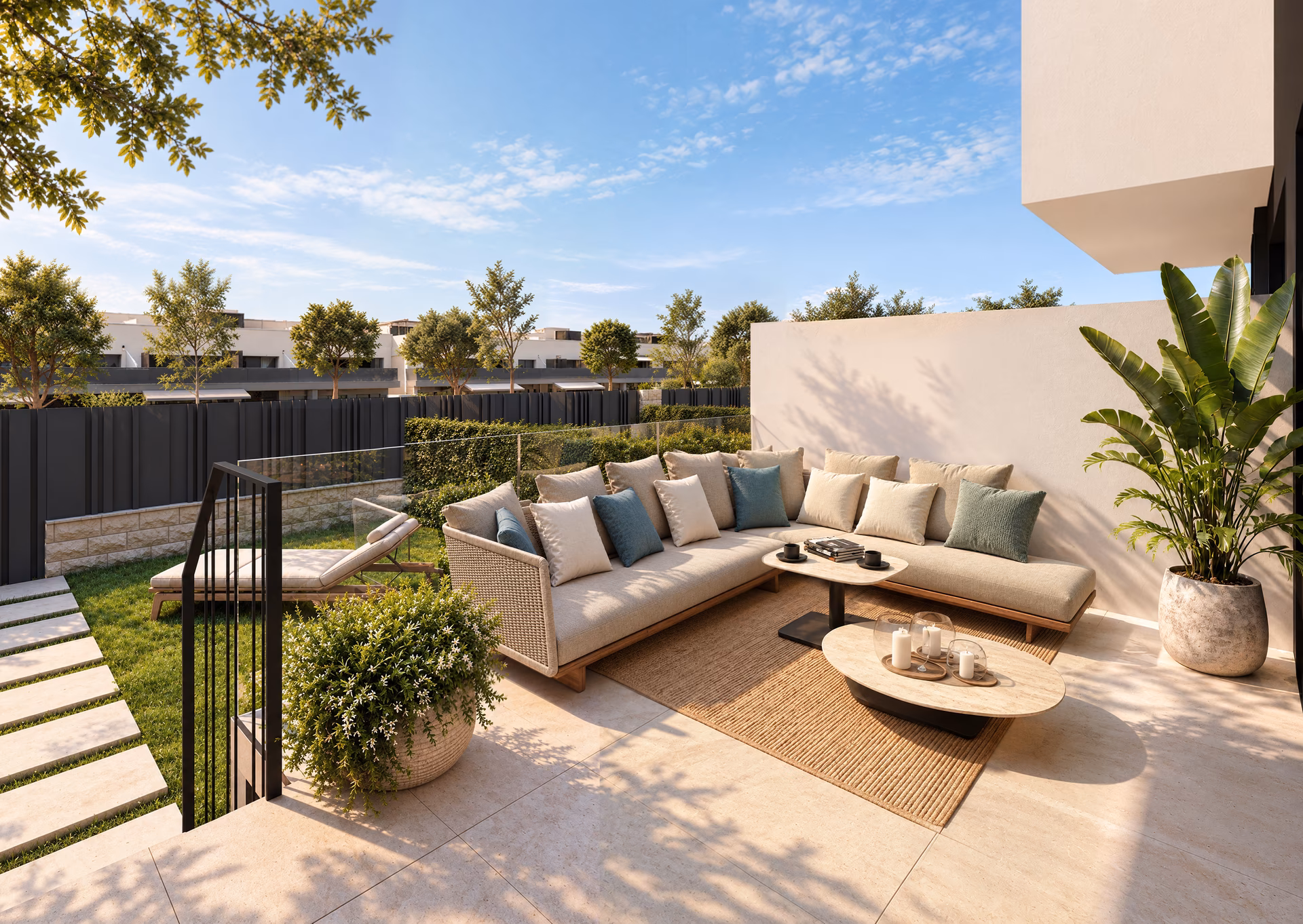 Terrasse au jardin avec canapé extérieur, maison de Portaitana