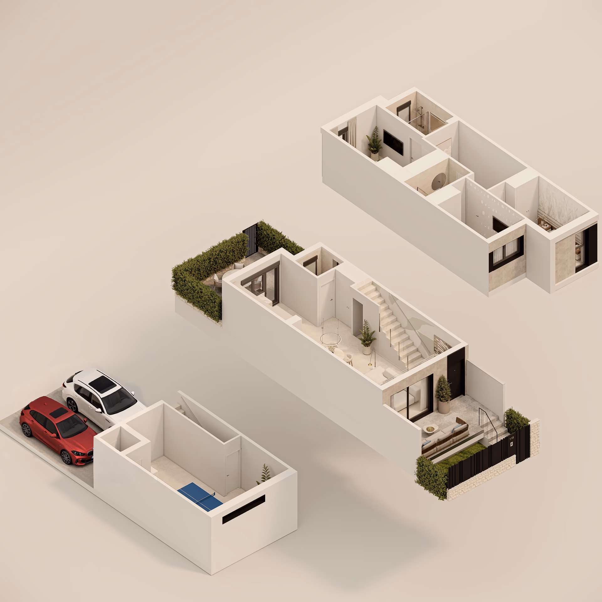 Plan à titre d’exemple: Vue 3D des trois niveaux de la maison type B de Portaitana
