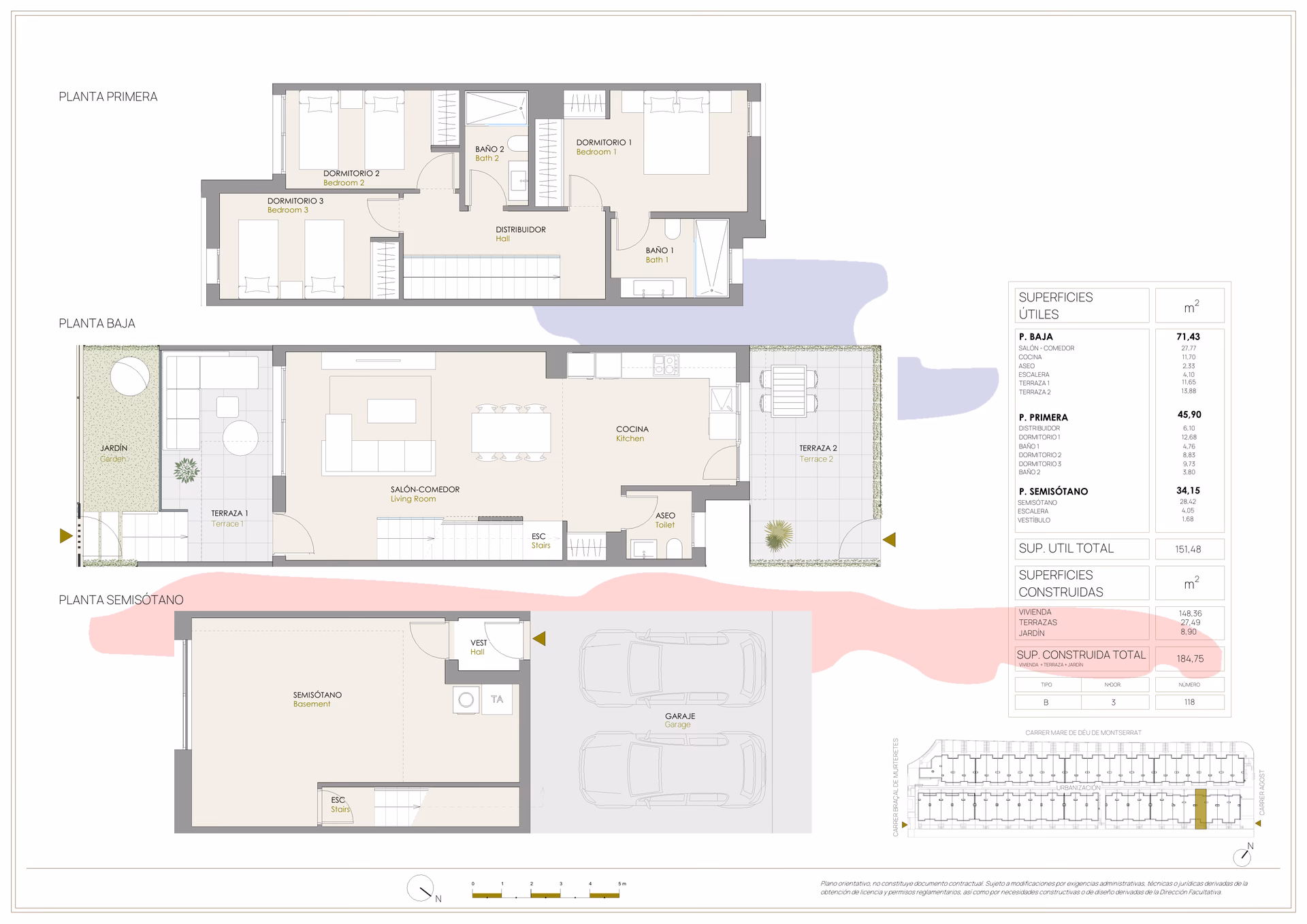 Plan à titre d’exemple: Plans de la maison type B à trois chambres de Portaitana : demi-sous-sol avec parking, rez-de-chaussée avec séjour et jardin, chambres à l’étage