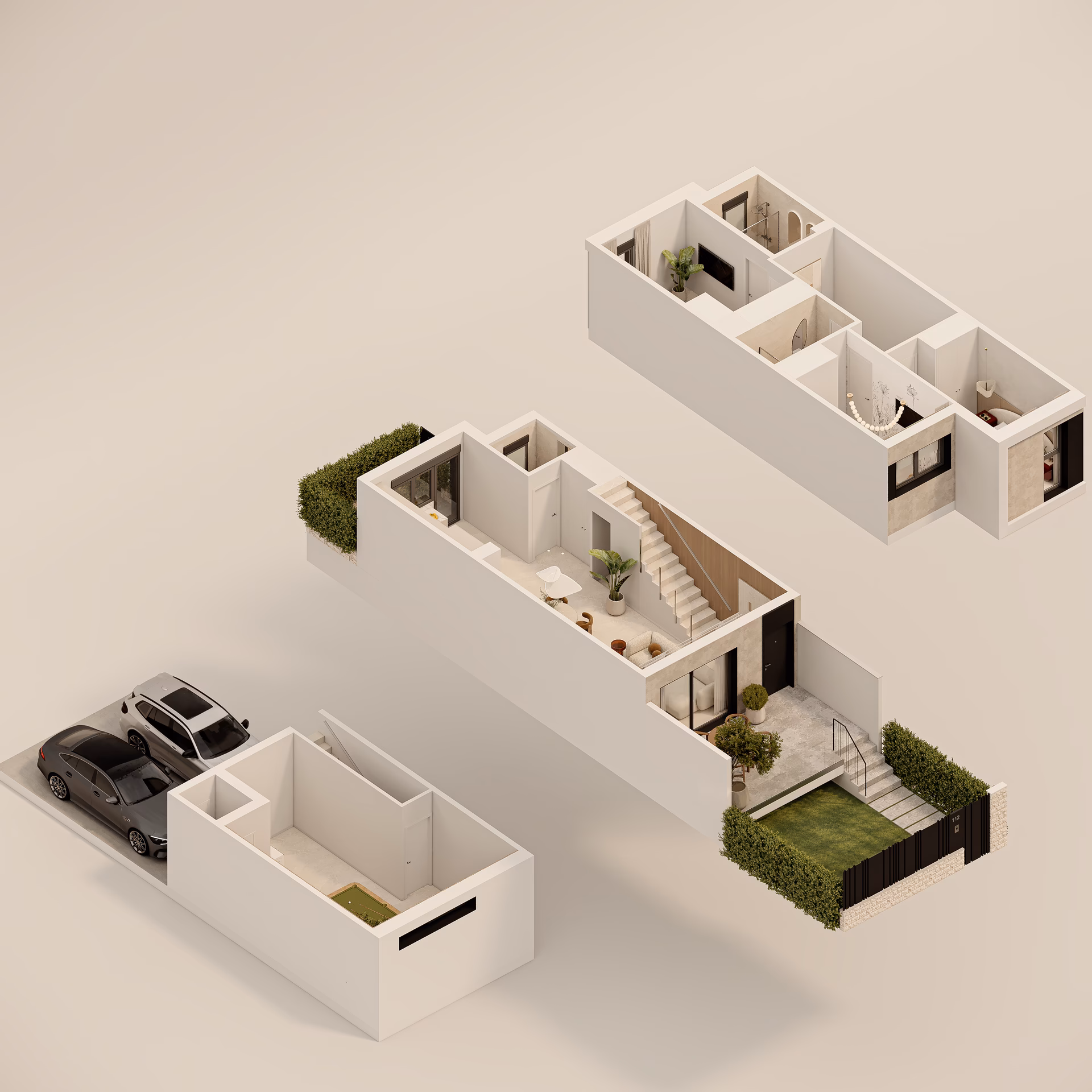 Plan à titre d’exemple: Vue 3D des trois niveaux de la maison type B1 de Portaitana
