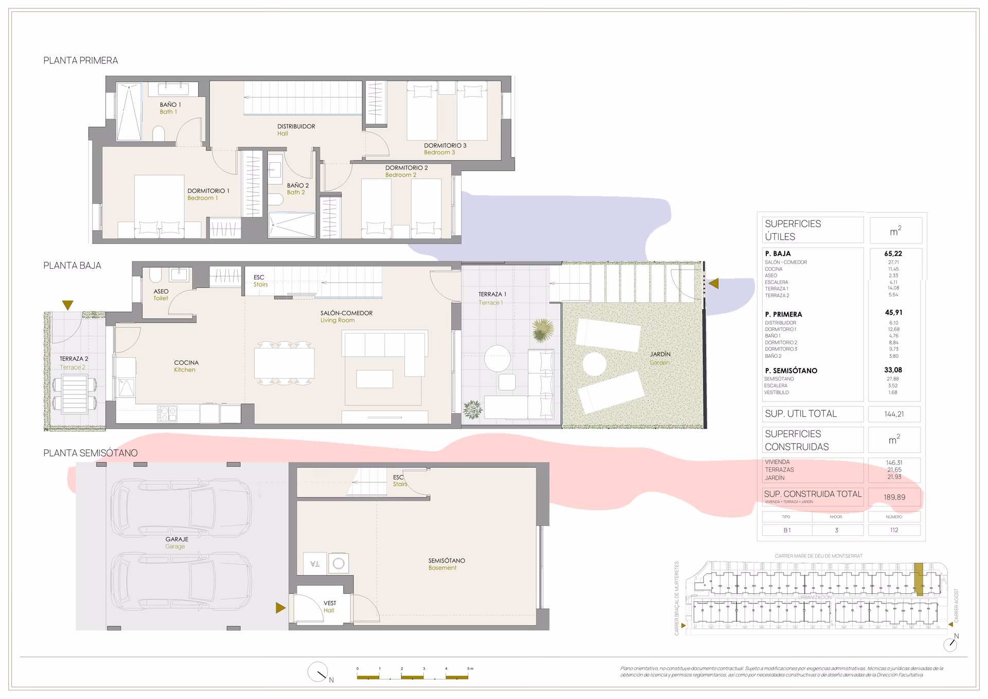 Plan à titre d’exemple: Plans de la maison type B1 à trois chambres de Portaitana : demi-sous-sol avec parking, rez-de-chaussée avec séjour et jardin, chambres à l’étage
