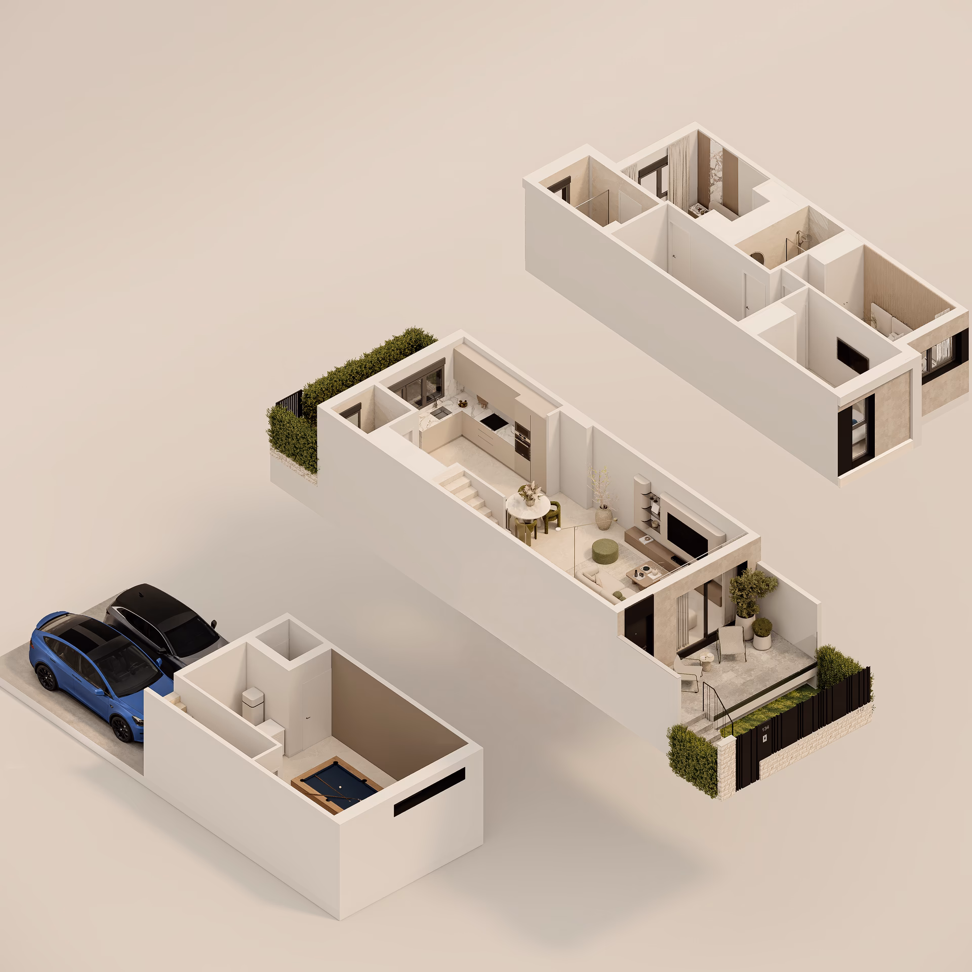 Plan à titre d’exemple: Vue 3D des trois niveaux de la maison type C de Portaitana