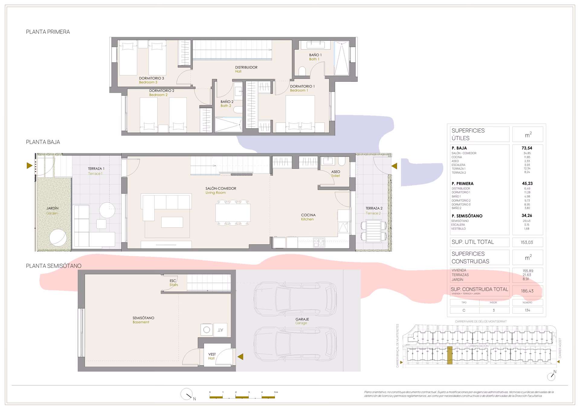 Plan à titre d’exemple: Plans de la maison type C à trois chambres de Portaitana : demi-sous-sol avec parking, rez-de-chaussée avec séjour et jardin, chambres à l’étage