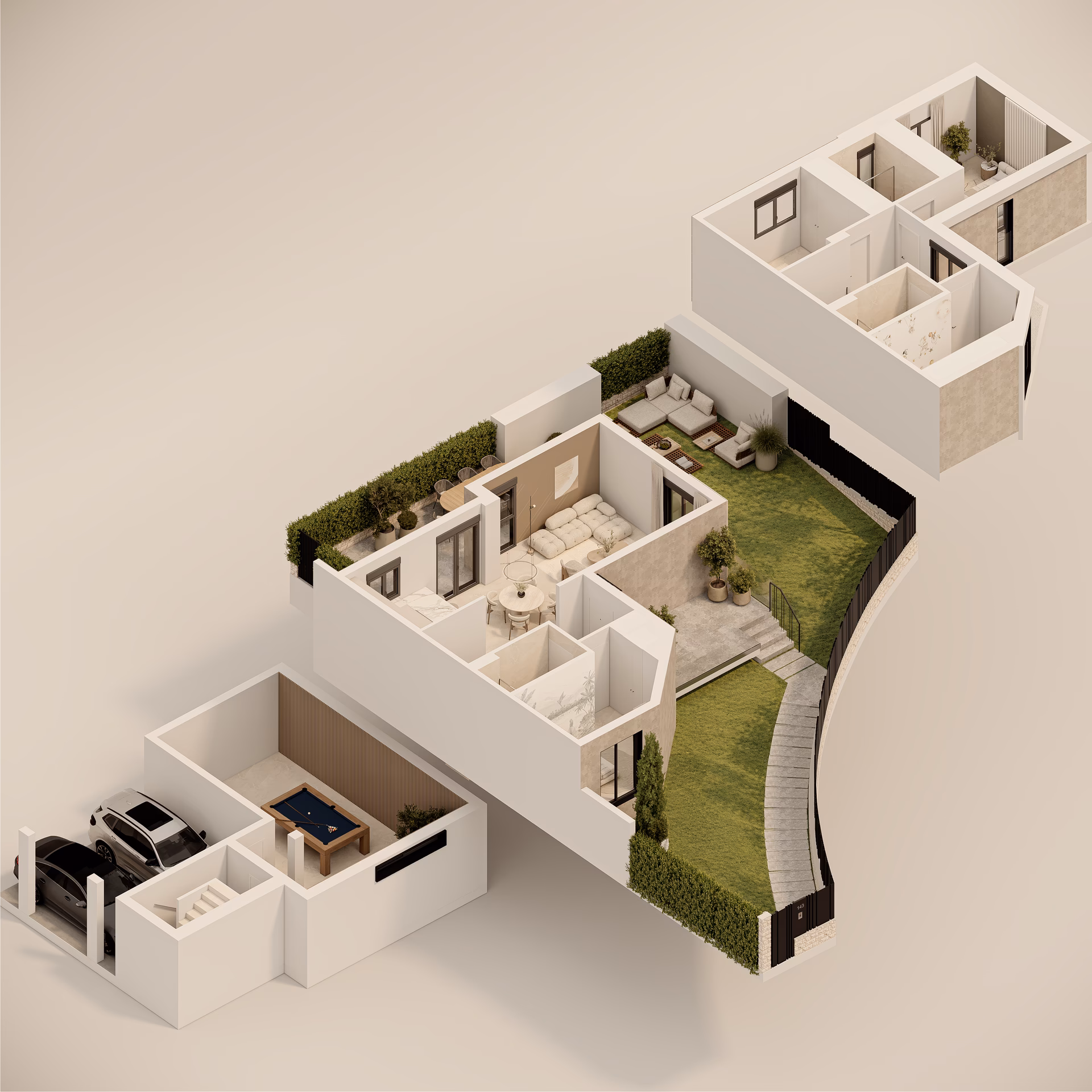 Plan à titre d’exemple: Vue 3D des trois niveaux de la maison d’angle à quatre chambres de Portaitana