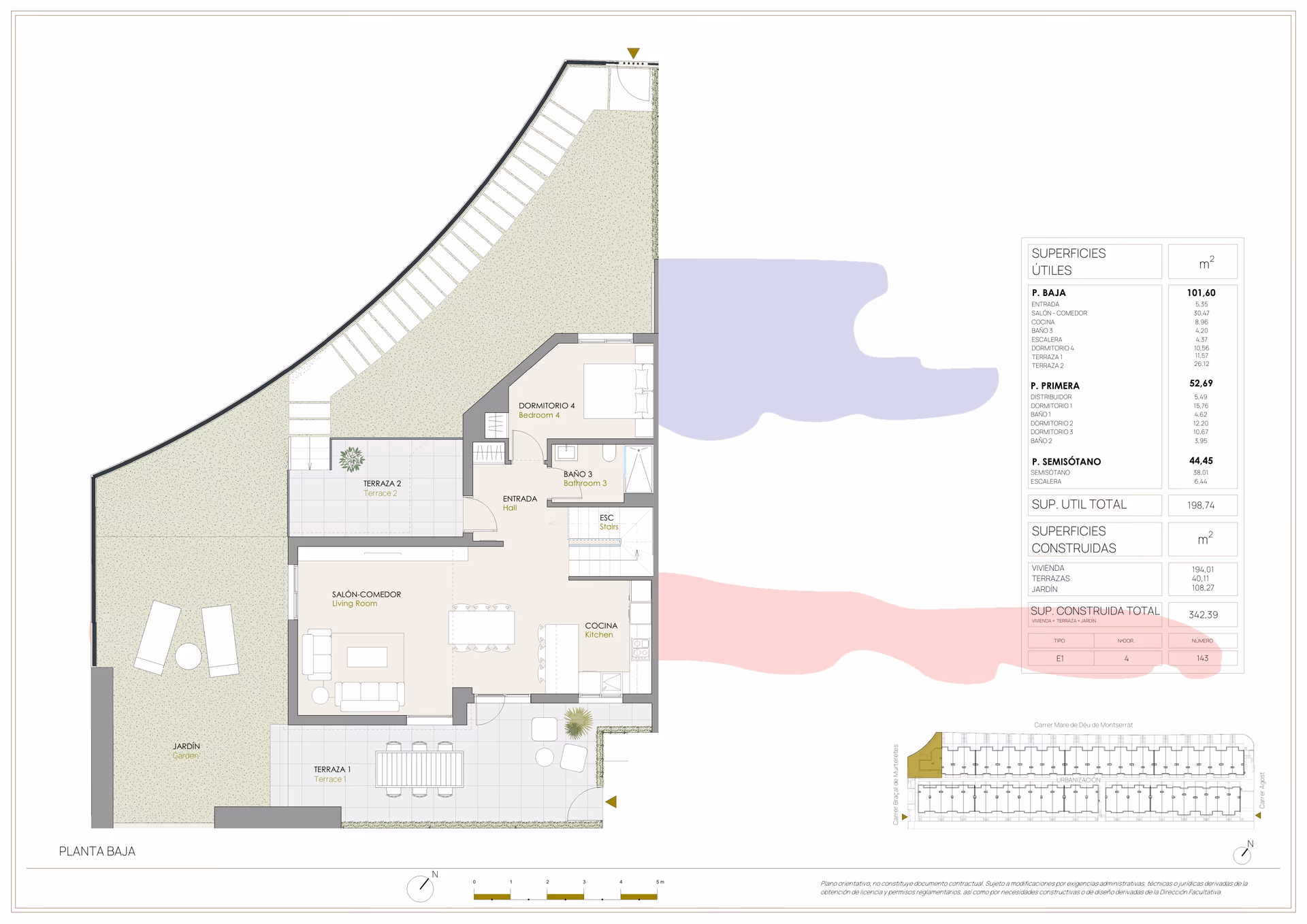 Plan à titre d’exemple: Plan du rez-de-chaussée de la maison d’angle à quatre chambres de Portaitana : séjour, quatrième chambre avec salle de bains, terrasses et jardin