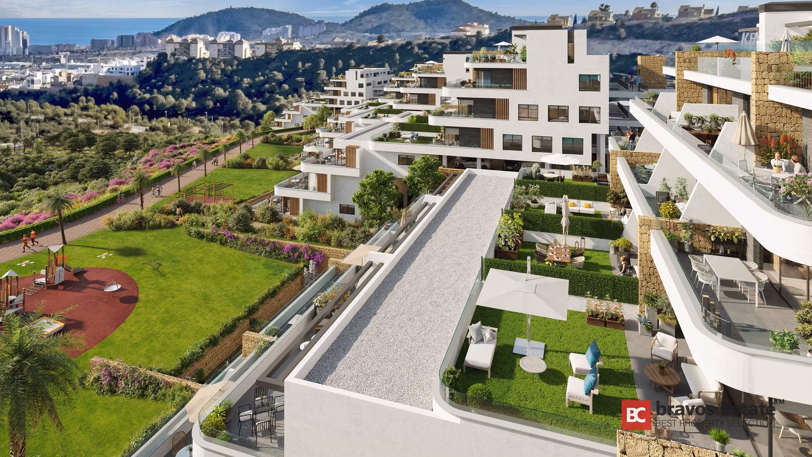 Visualisation des immeubles en terrasses et des jardins de Camporrosso vus d’en haut