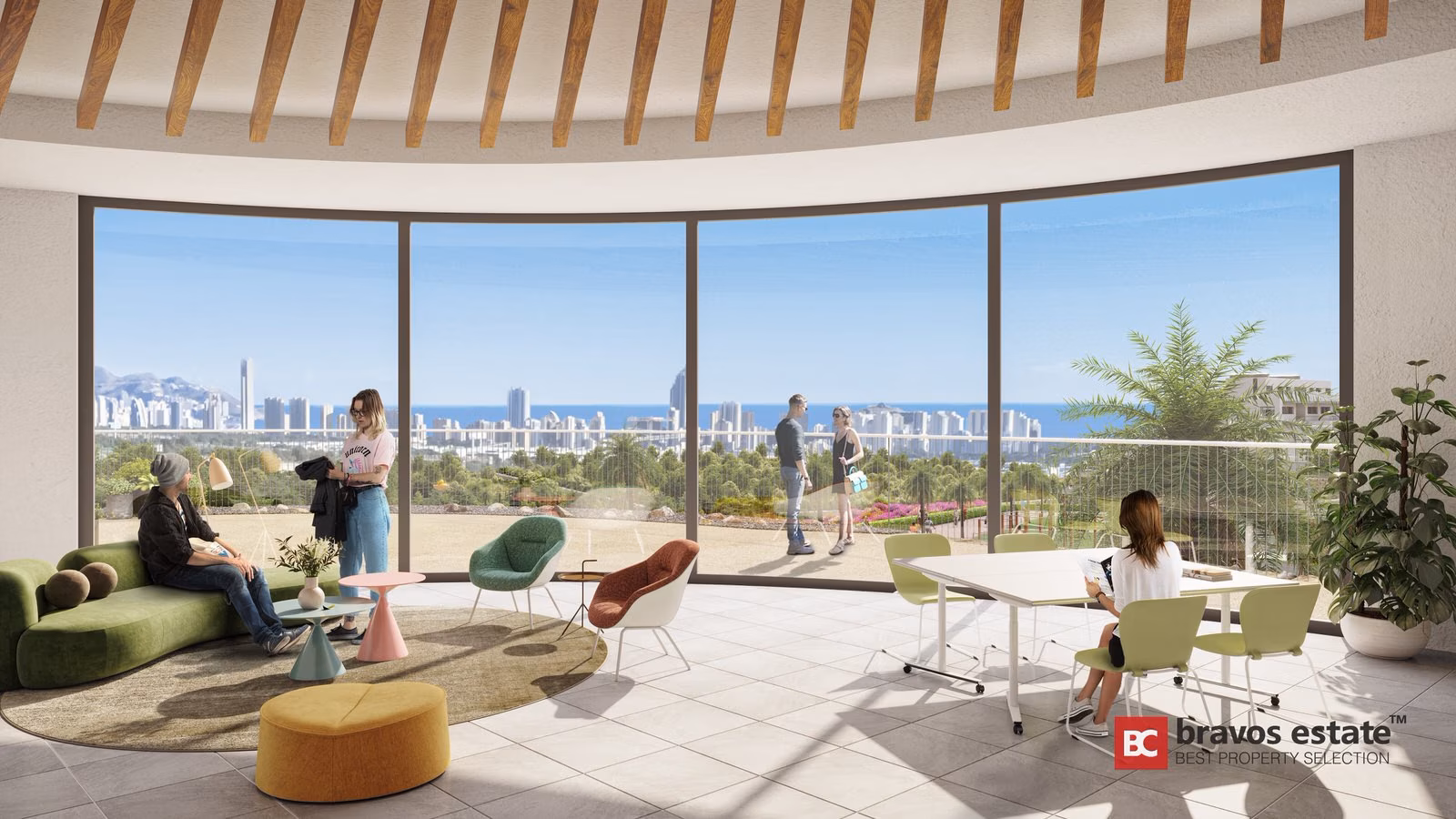 Visualisation d’un salon aux baies vitrées ouvertes sur la baie à Camporrosso