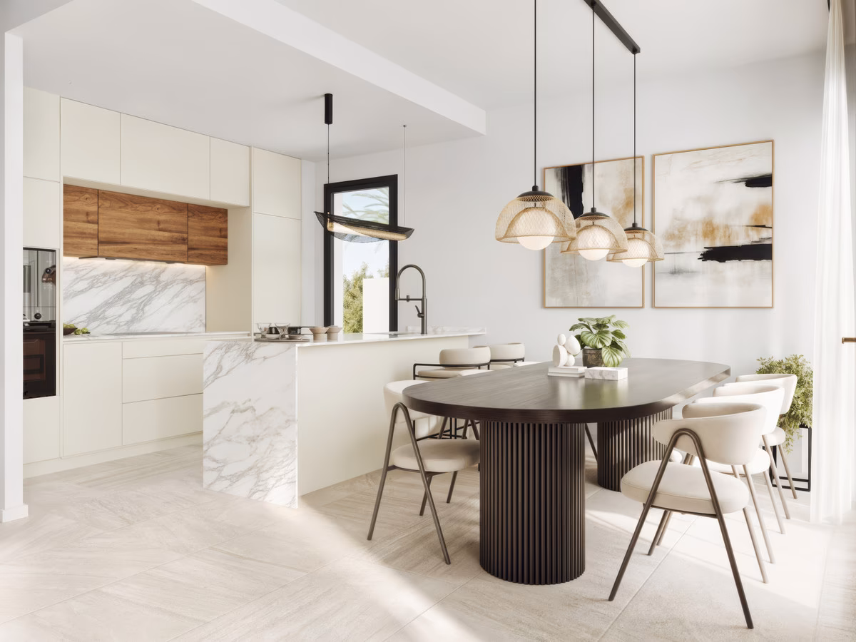 Kitchen and dining with an island