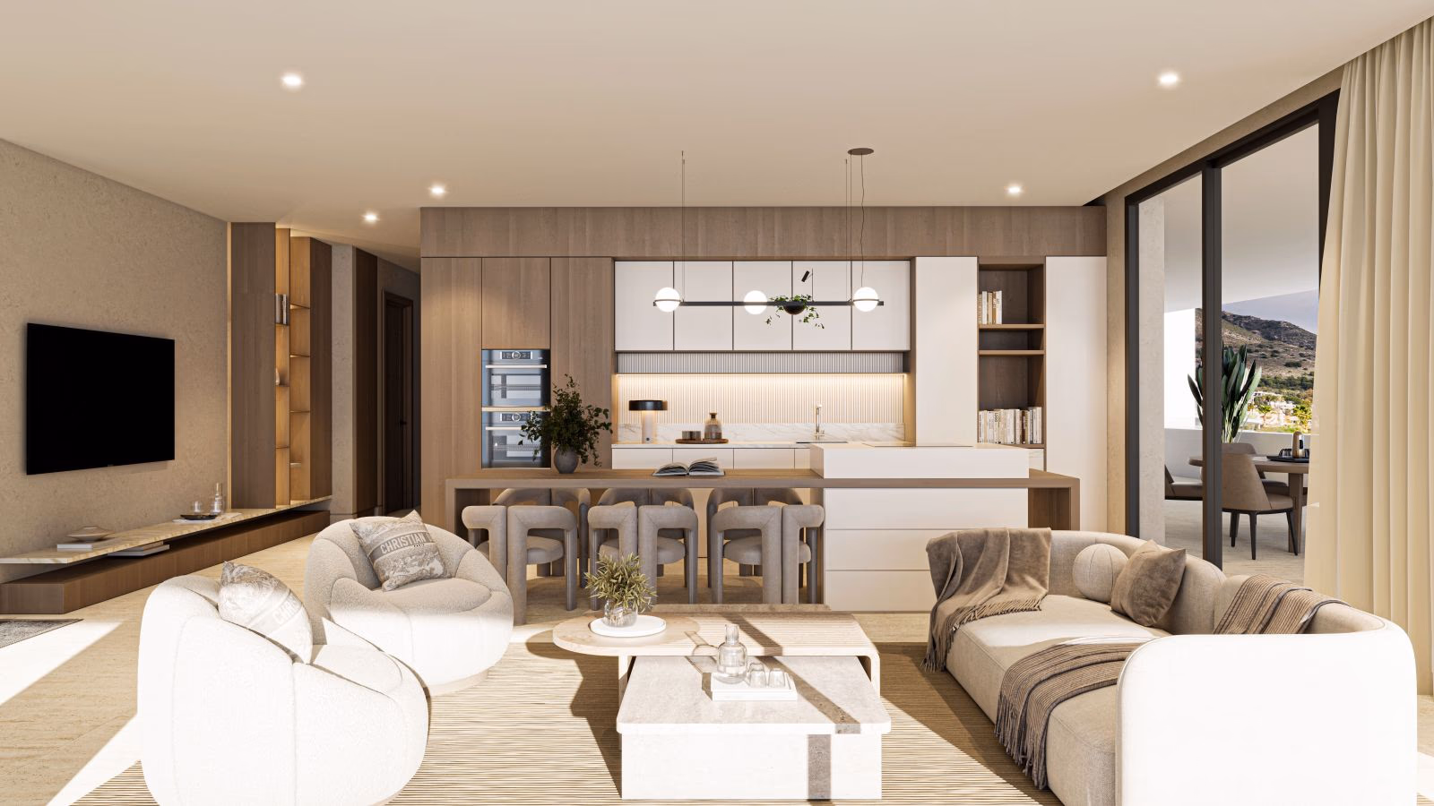 Salon et salle à manger ouverts avec mobilier de designer