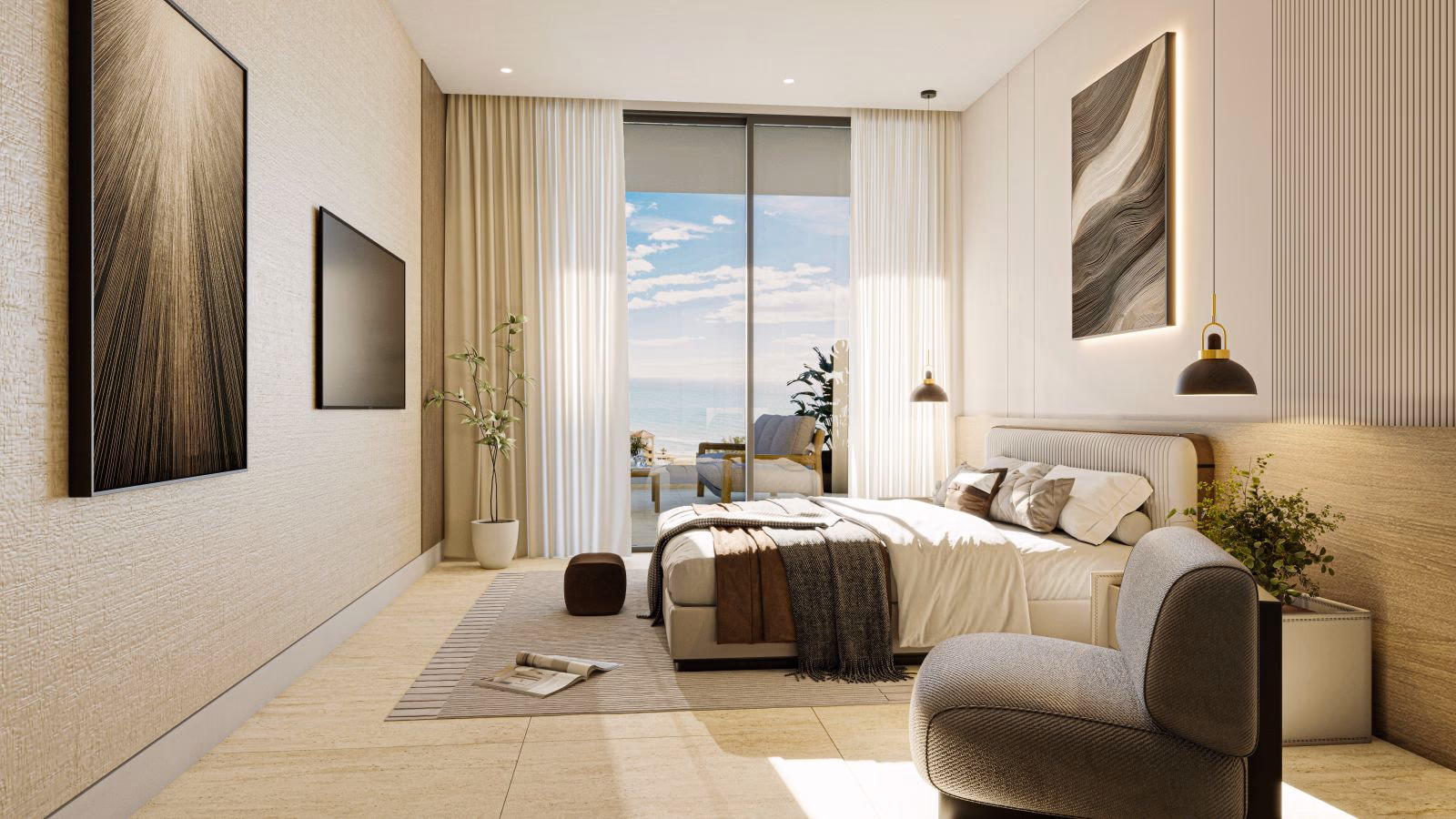 Chambre ouvrant sur une terrasse privée avec vue sur la mer