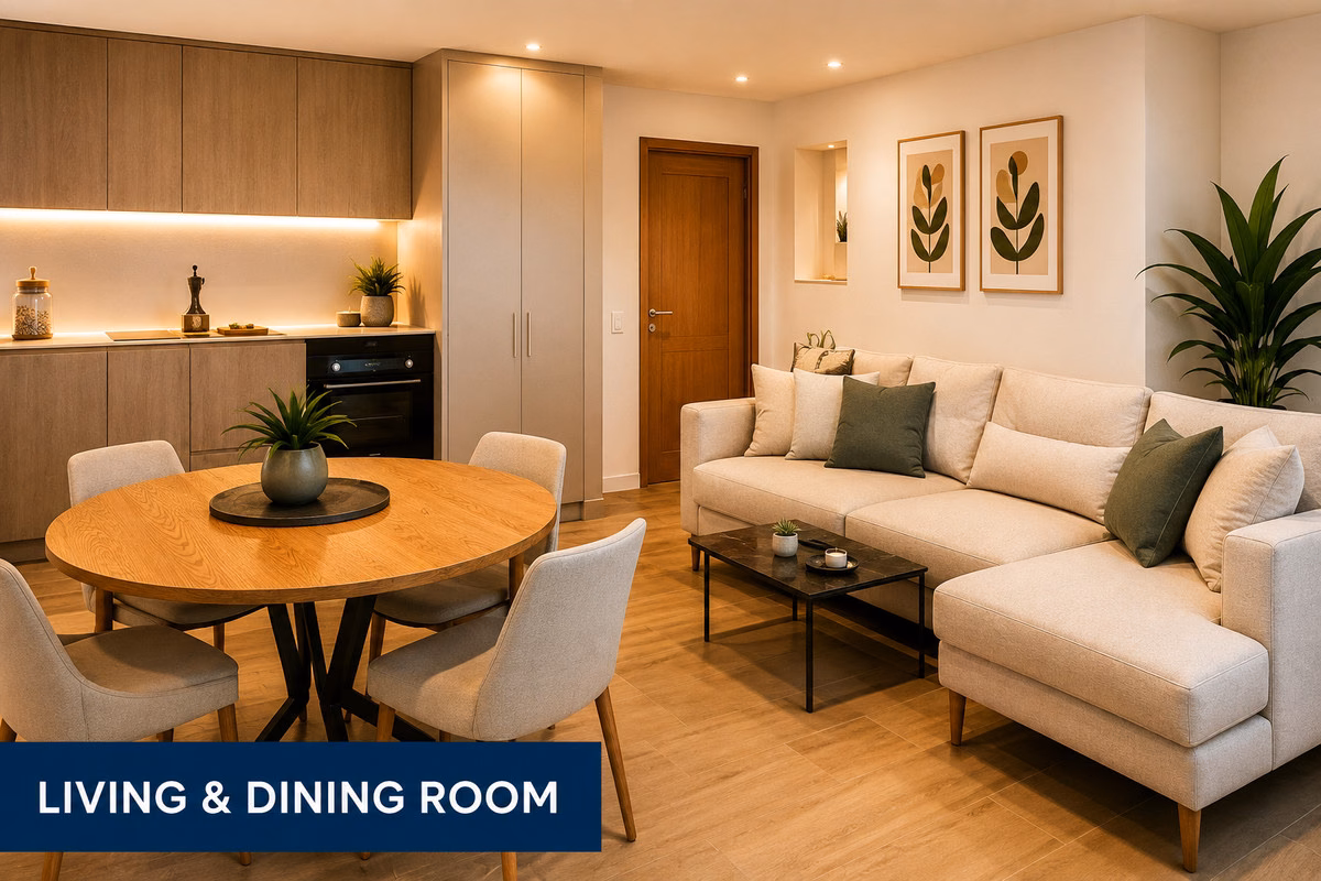 Furnished living and dining room of a suite, Crystal Bay Suites