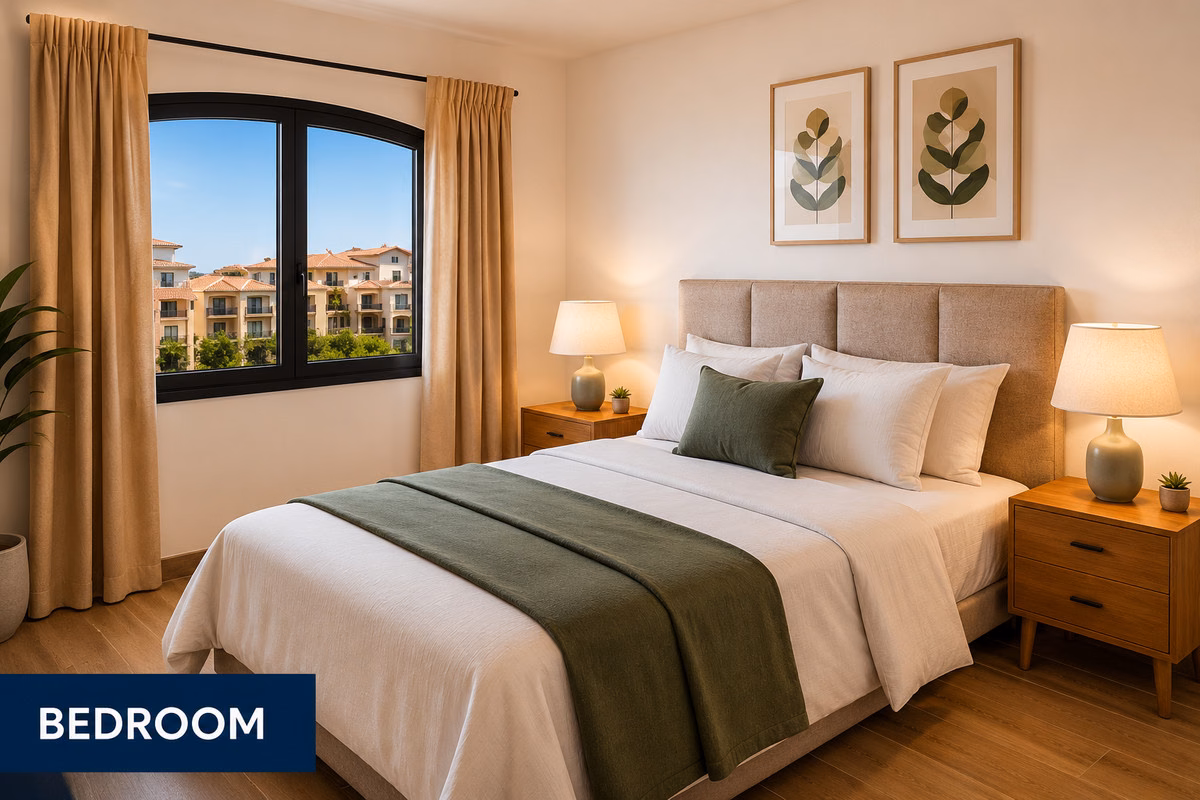 Bedroom with double bed and garden view, Crystal Bay Suites Los Alcázares