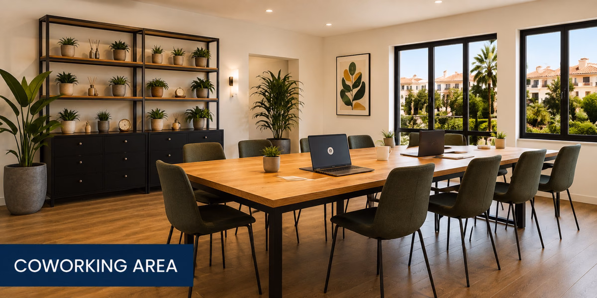 Residents coworking area with shared desks, Crystal Bay Suites