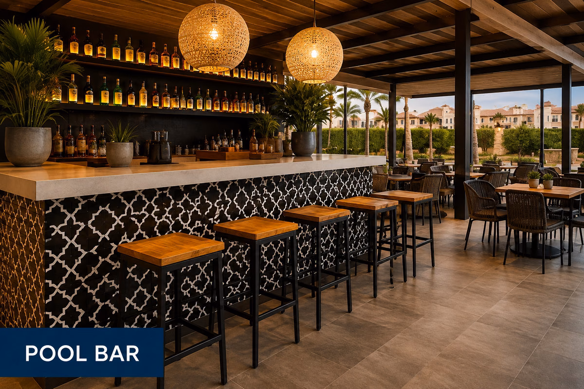 Rooftop pool bar with stools and lanterns, Crystal Bay Suites
