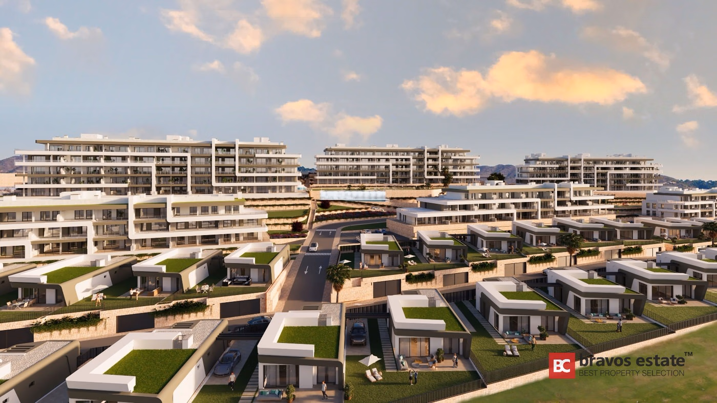 Render CGI de Bonalba Green con bloques de apartamentos de varias plantas y villas de baja altura con terrazas ajardinadas, vía de acceso central y montañas al fondo en el resort Bonalba Golf.