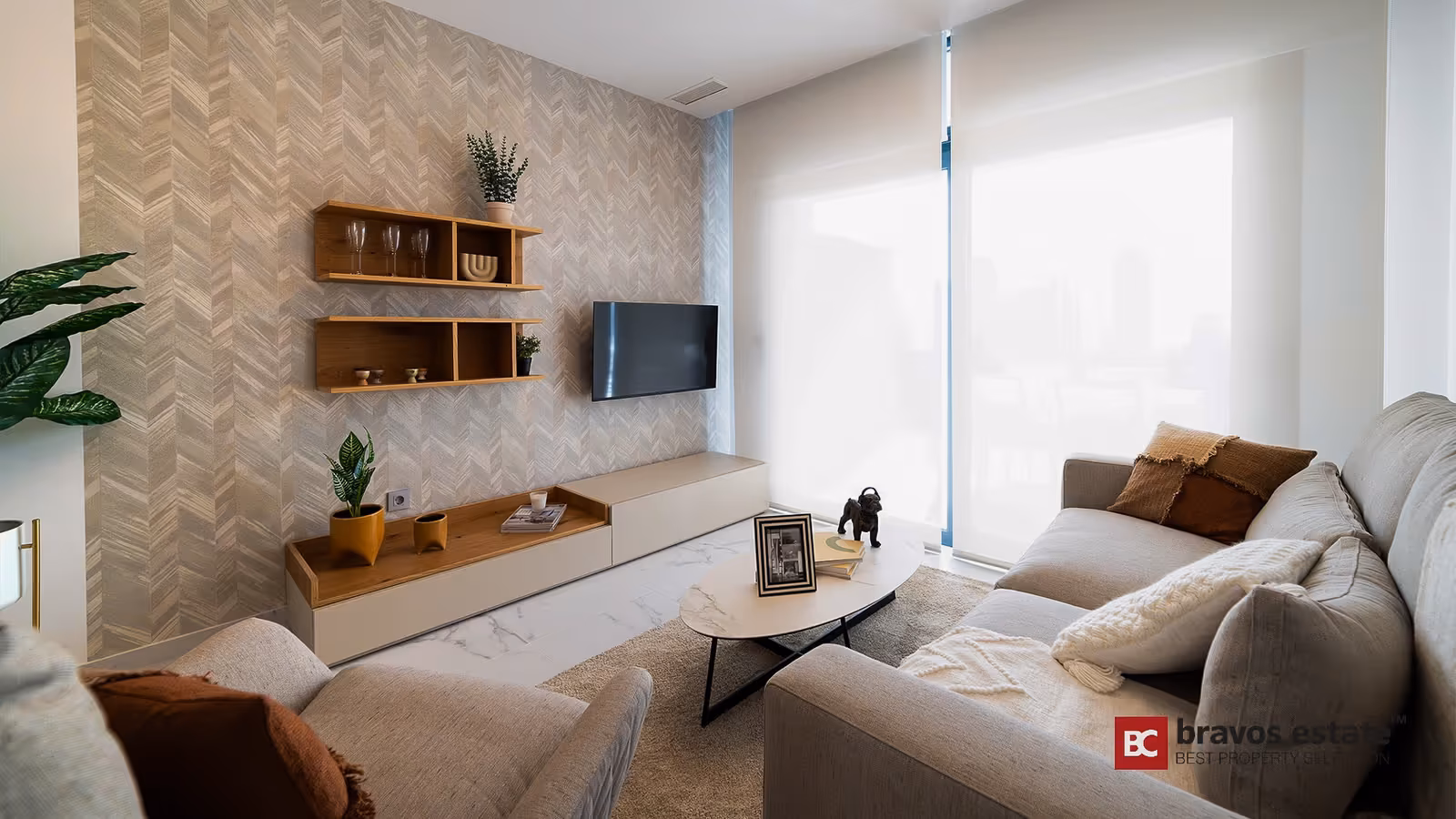 Salón con mueble de TV del piso piloto