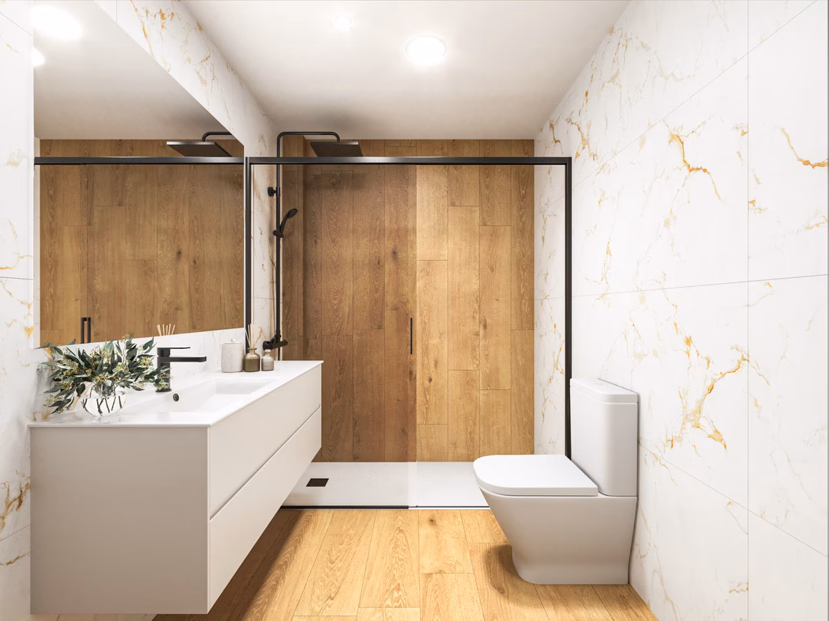 Salle de bains avec paroi de douche effet bois, meuble vasque blanc et paroi vitrée