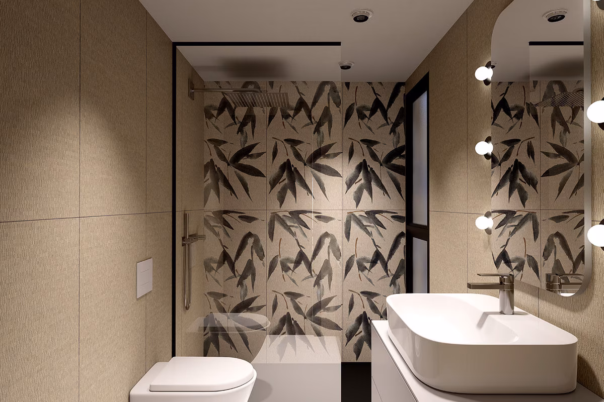 Salle de bains au carrelage à motif de feuilles et douche à l’italienne à Edificio Anamar