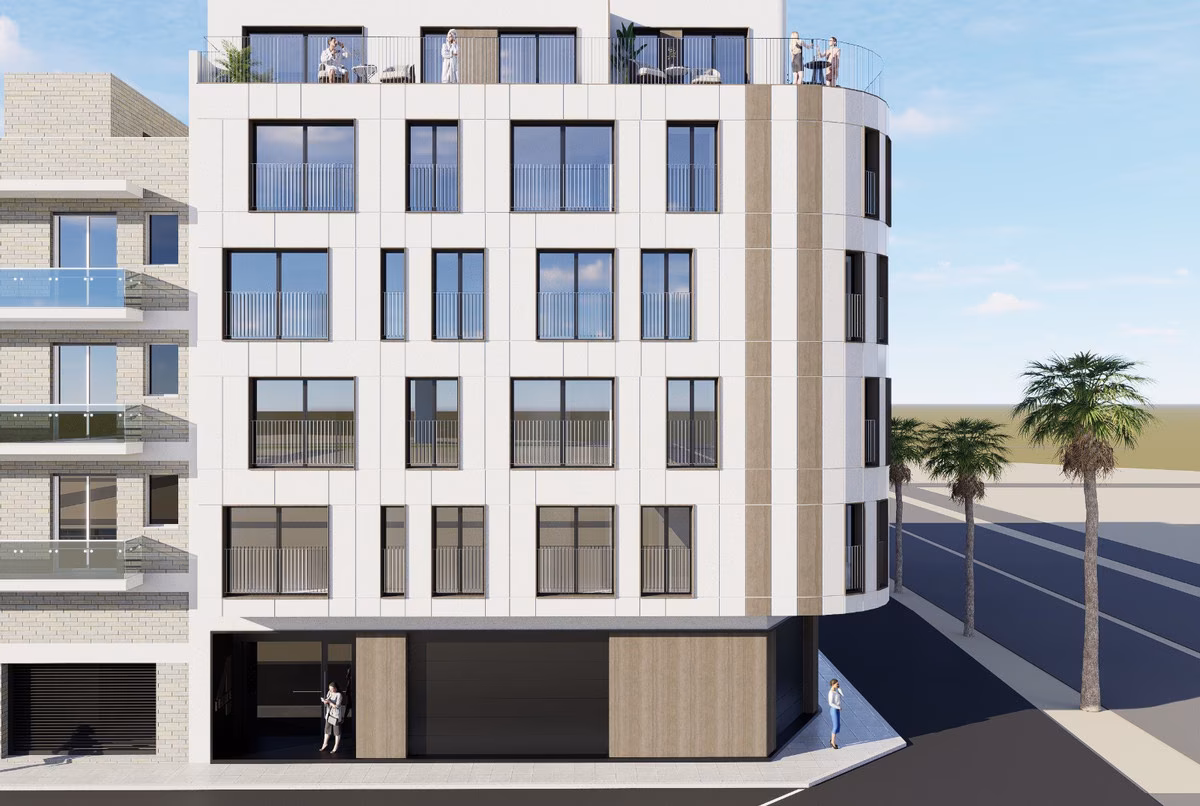 Façade principale à angle arrondi et terrasses du dernier étage à Edificio Anamar