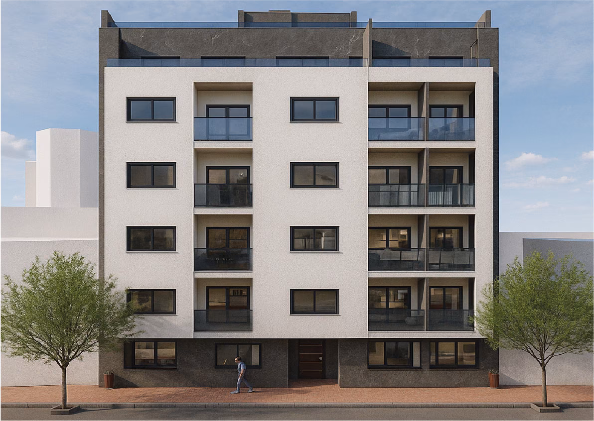 Street facade of Edificio Antonella with white render, dark cladding and glazed balconies, Torrevieja