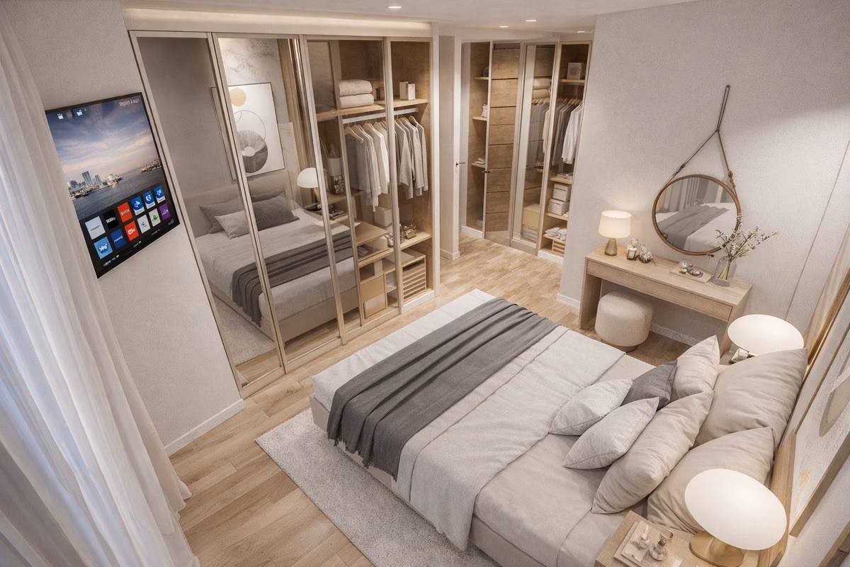 Schlafzimmer mit Einbauschrank und Schminktisch