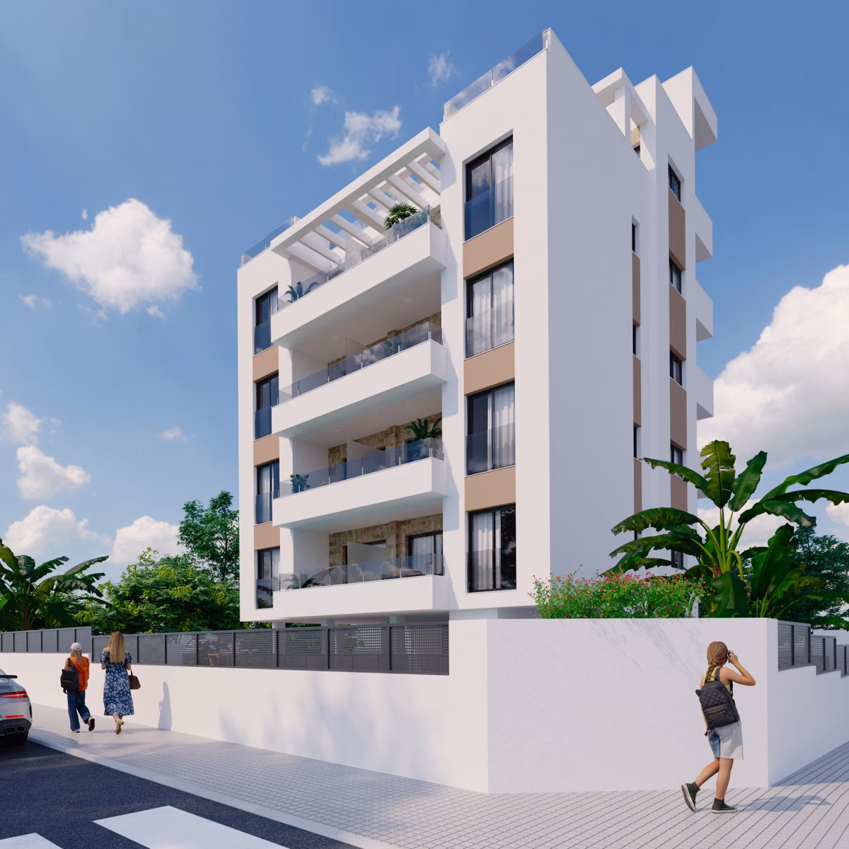Vue d’angle de l’immeuble blanc Edificio Marcelina et de ses balcons, Torrevieja