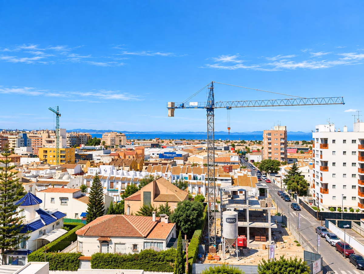 Vue sur les toits du nord de Torrevieja vers la mer, avec une grue de chantier