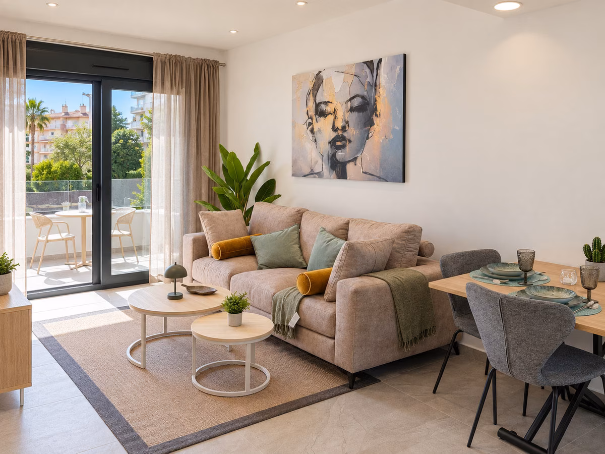 Séjour avec canapé et table à manger près du balcon dans un appartement témoin meublé