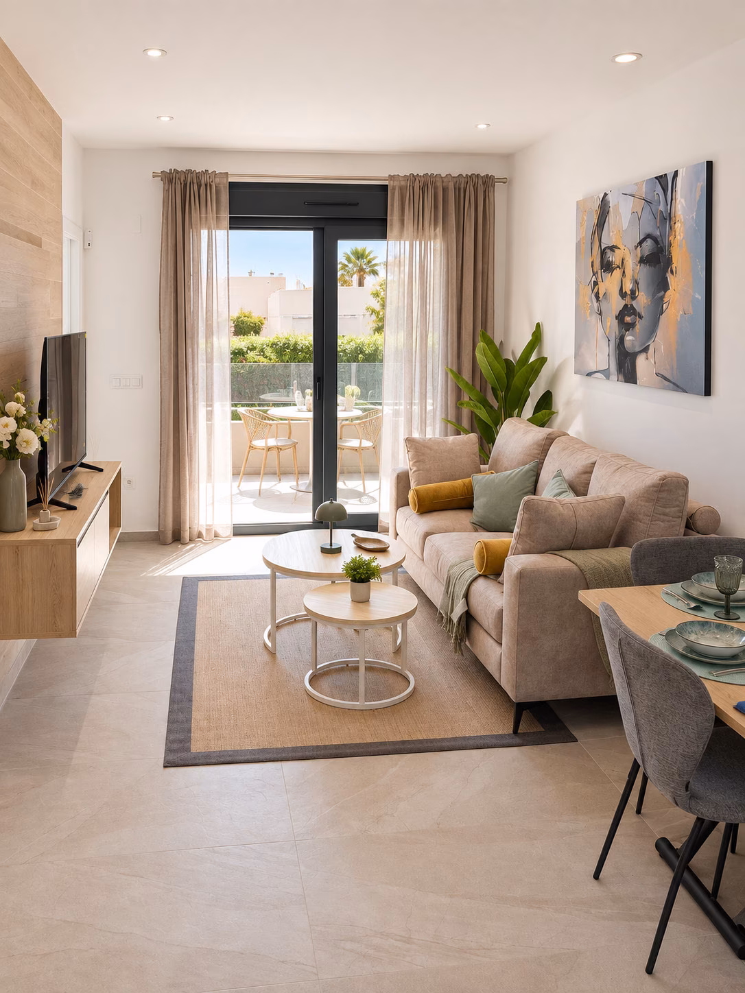 Séjour vu vers le balcon dans un appartement témoin meublé
