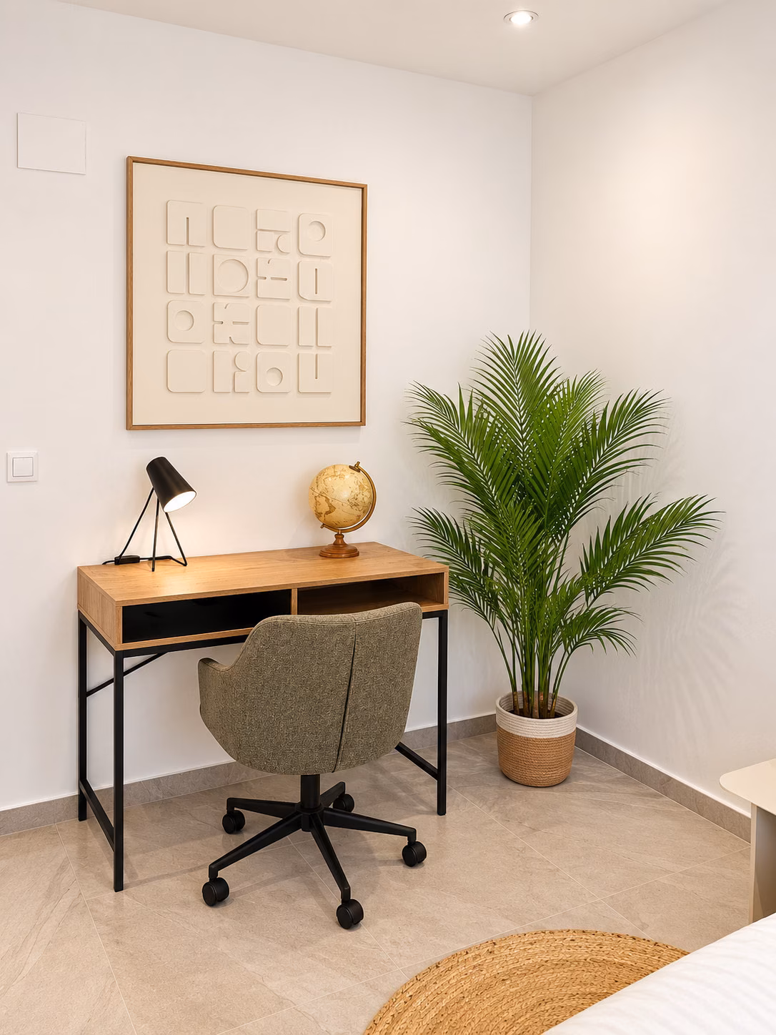 Coin bureau avec table et chaise dans un appartement témoin meublé