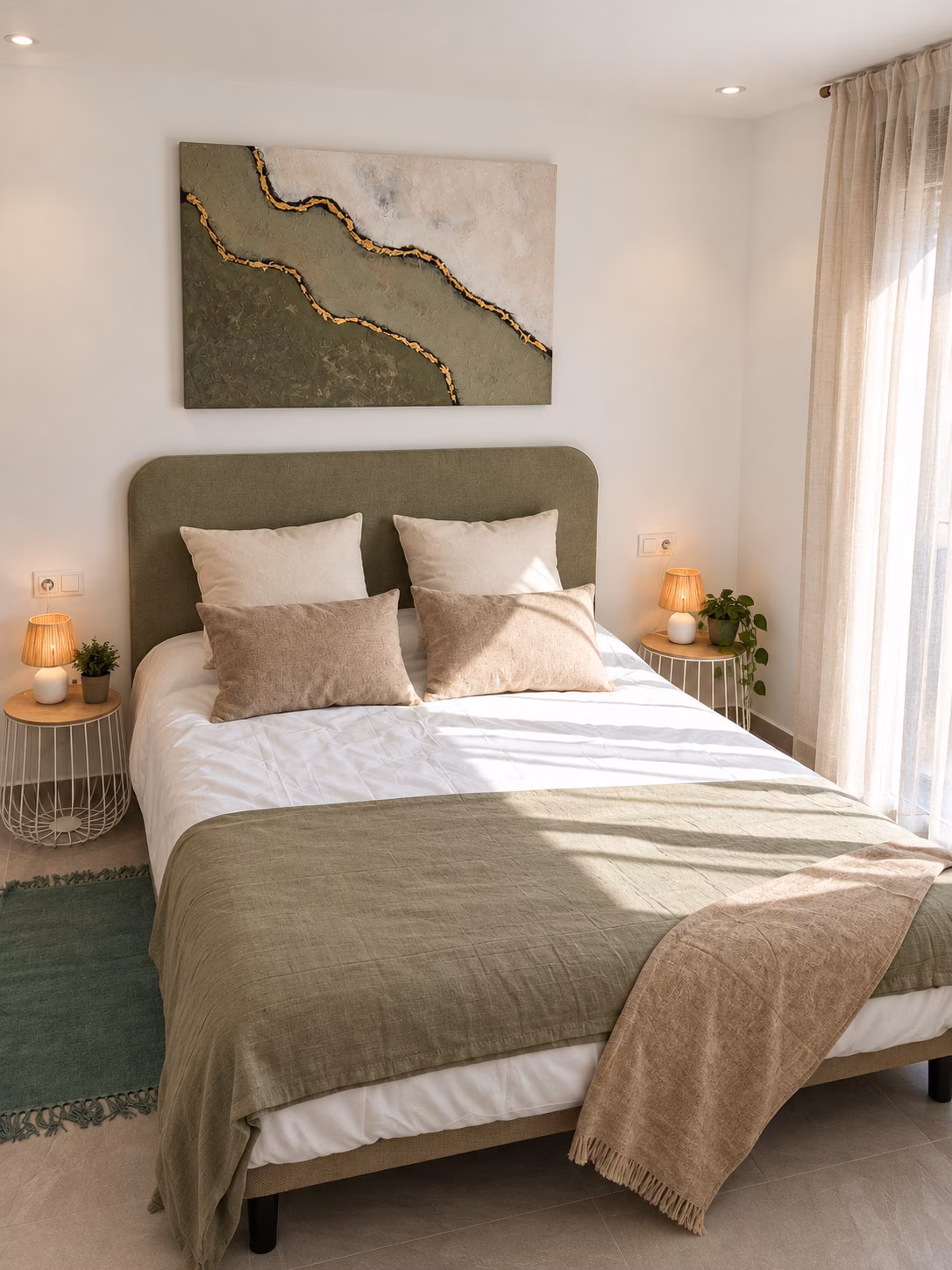 Chambre double aux textiles verts, sous un autre angle, dans un appartement témoin meublé