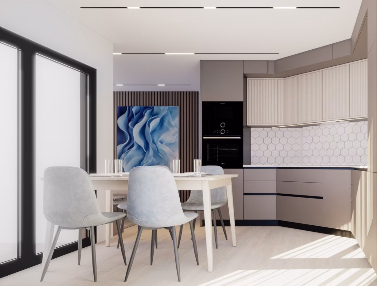 Keuken met blauw abstract schilderij en witte stoelen in een appartement van Edificio Soprano