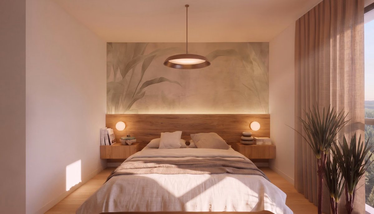 Schlafzimmer mit holzverkleideter Wand hinter dem Bett und Pendelleuchte