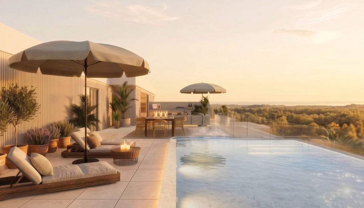 Dachterrasse mit Pool, Liegen und Sonnenschirmen bei Sonnenuntergang