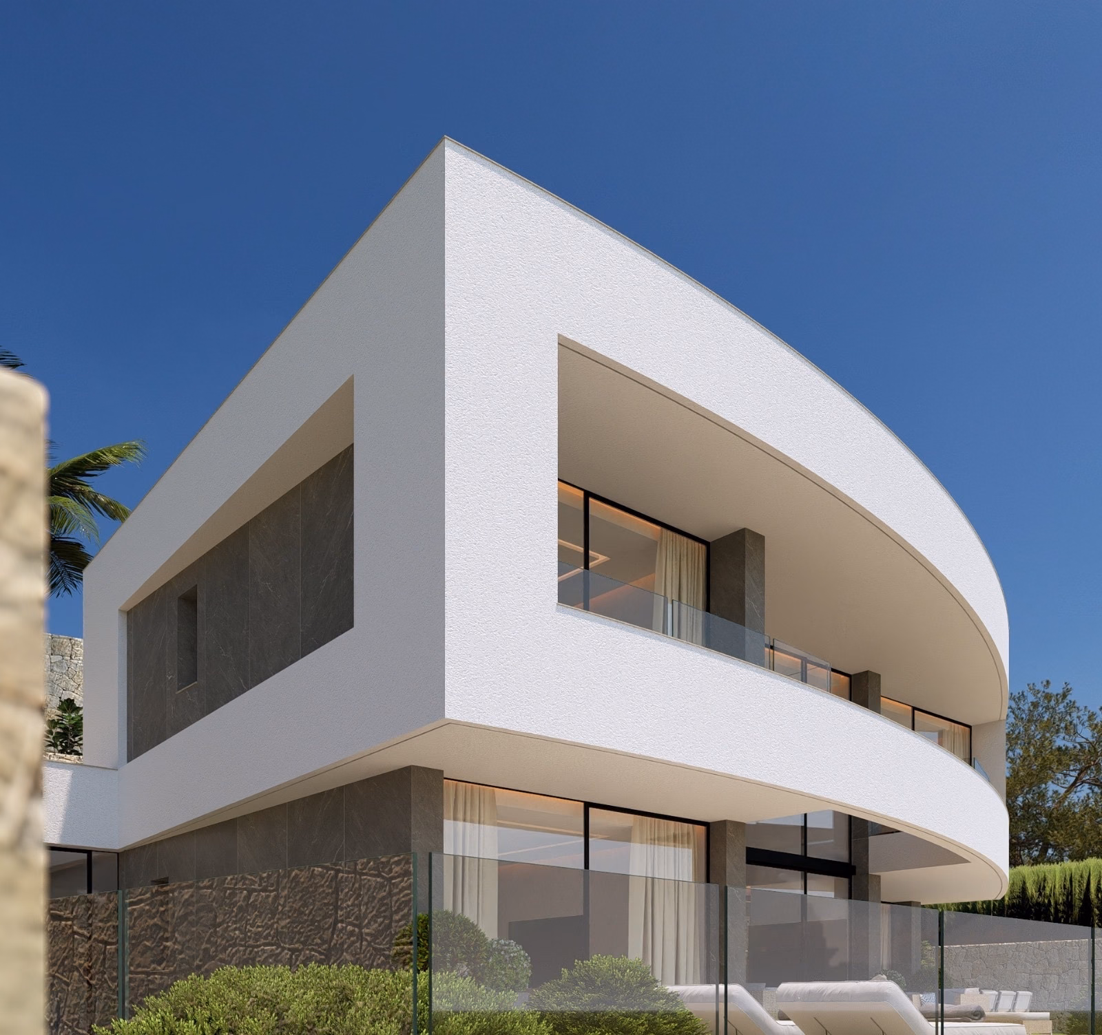 Curved white upper floor with a terrace and glass balustrade