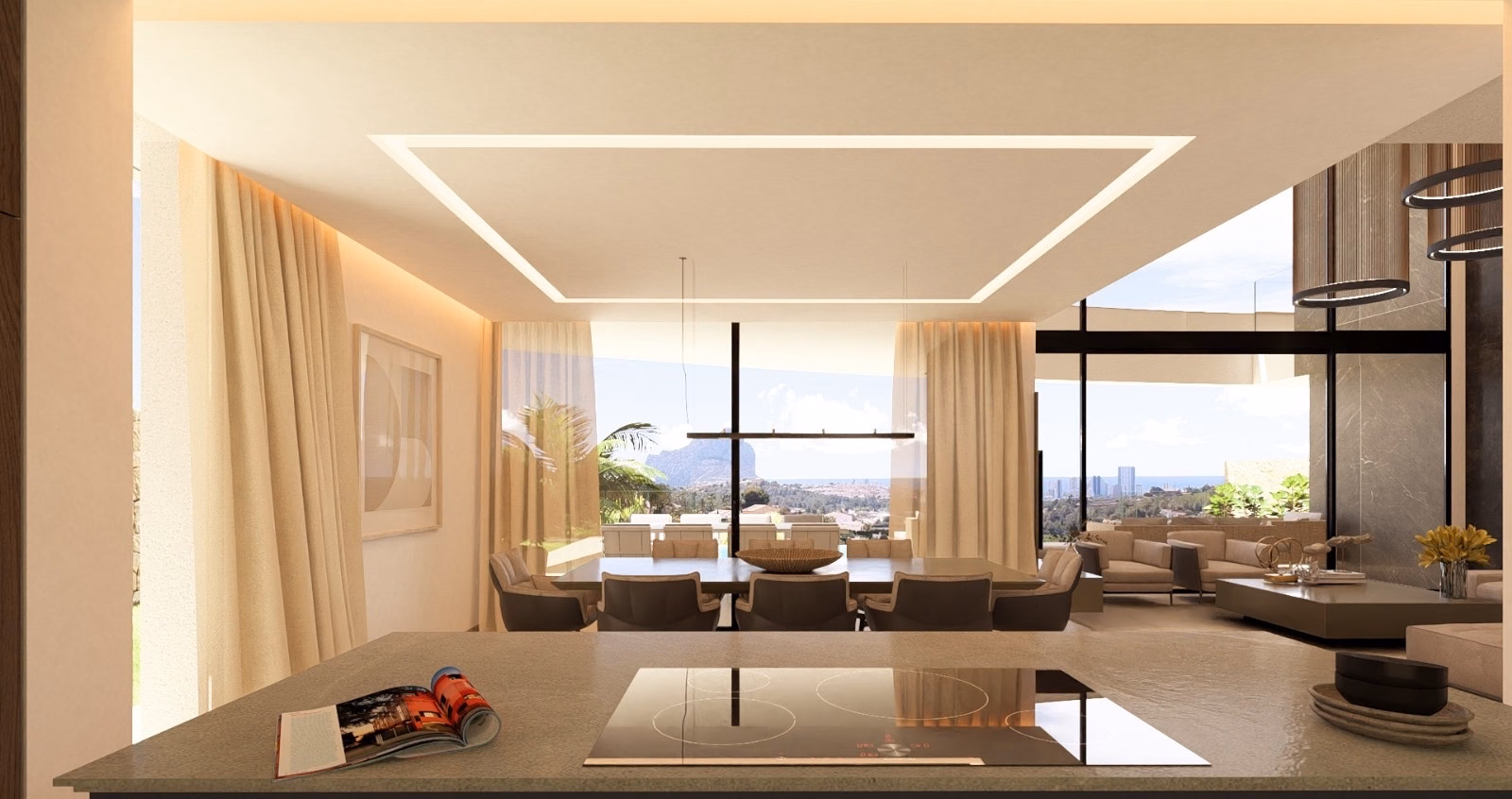Kitchen and dining area with large windows over the landscape