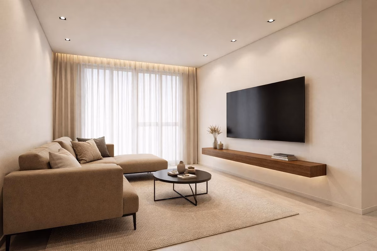 Wohnzimmer mit Ecksofa und Wandfernseher
