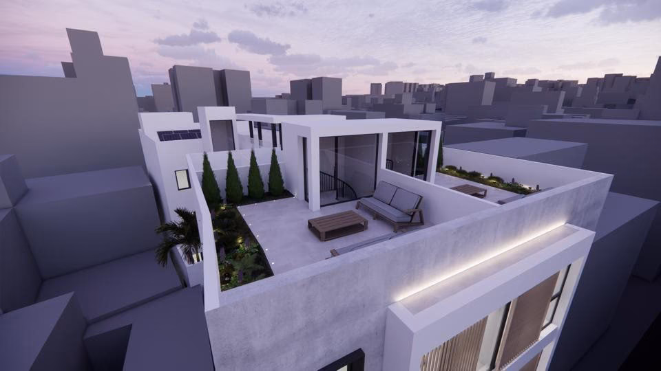 Dachterrassen mit Sofas und Liegen von oben in der Dämmerung