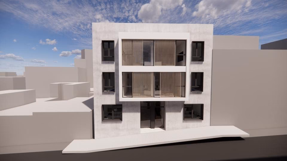 Weiße Fassade des Hauses EON de Prosperidad bei Tag, San Miguel, Málaga