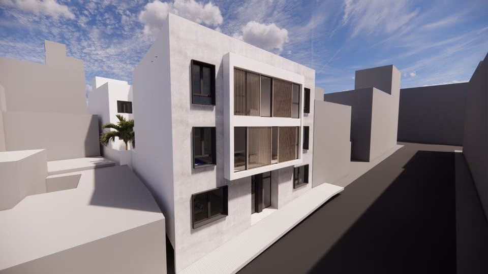 Fassade schräg entlang der Straße bei Tag
