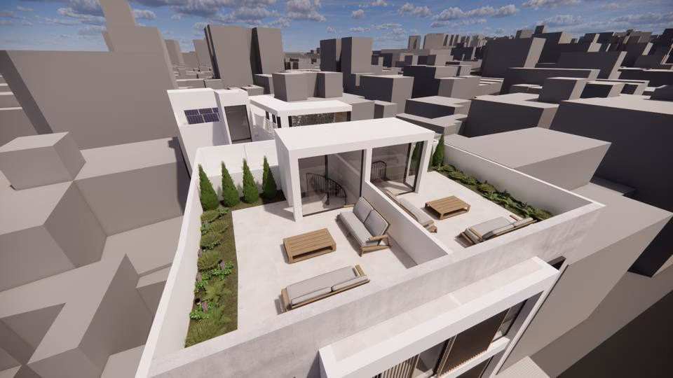 Dachterrassen mit Sonnenliegen und Pflanzbeeten bei Tag