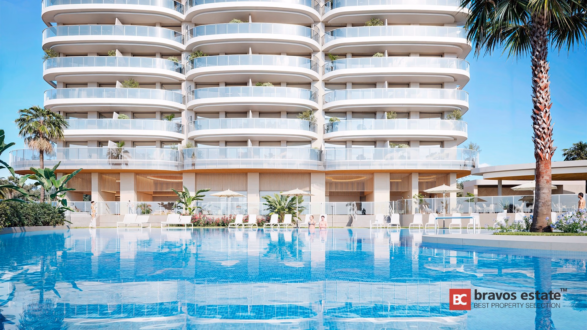 CGI render of TM Tower Benidorm showing curved white facade, rounded glass balconies, and large communal pool with sun loungers