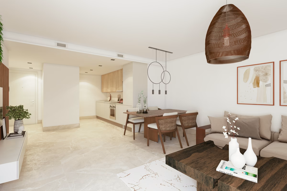 Kitchen and dining space in stone and wood