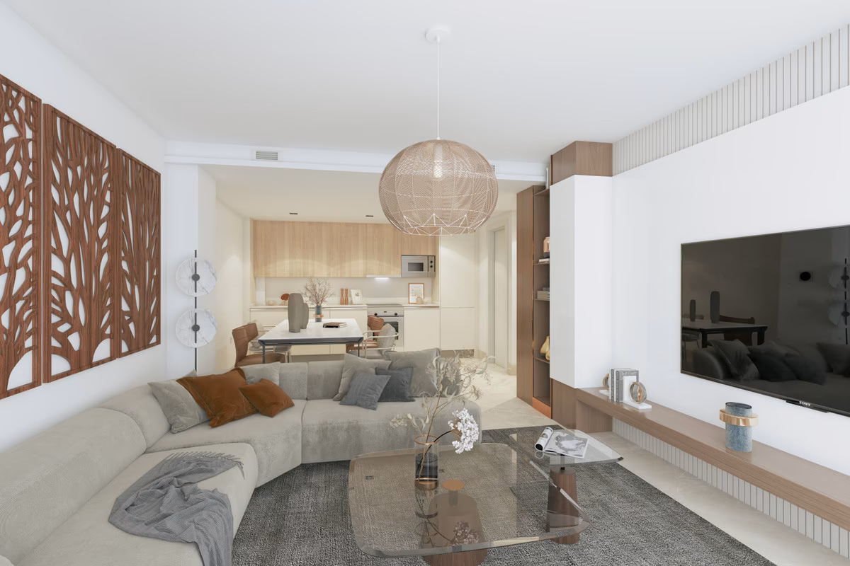 Living room with timber lattice feature wall