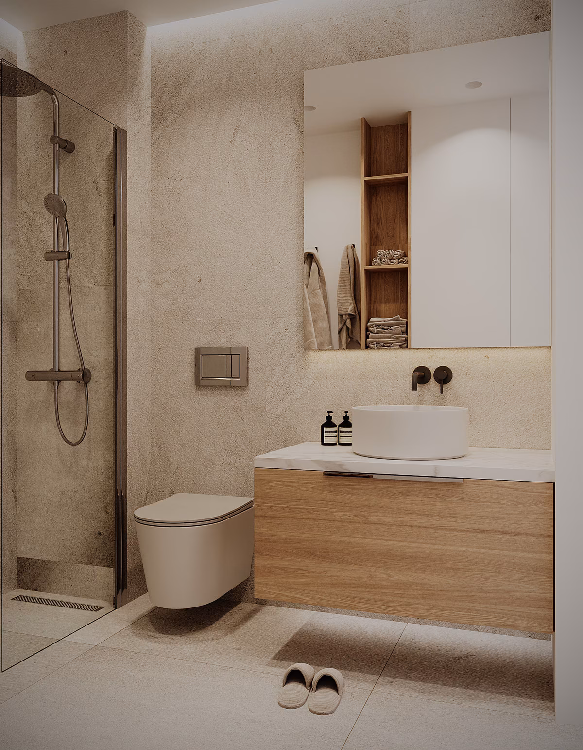 Salle d’eau avec meuble en bois et vasque à poser