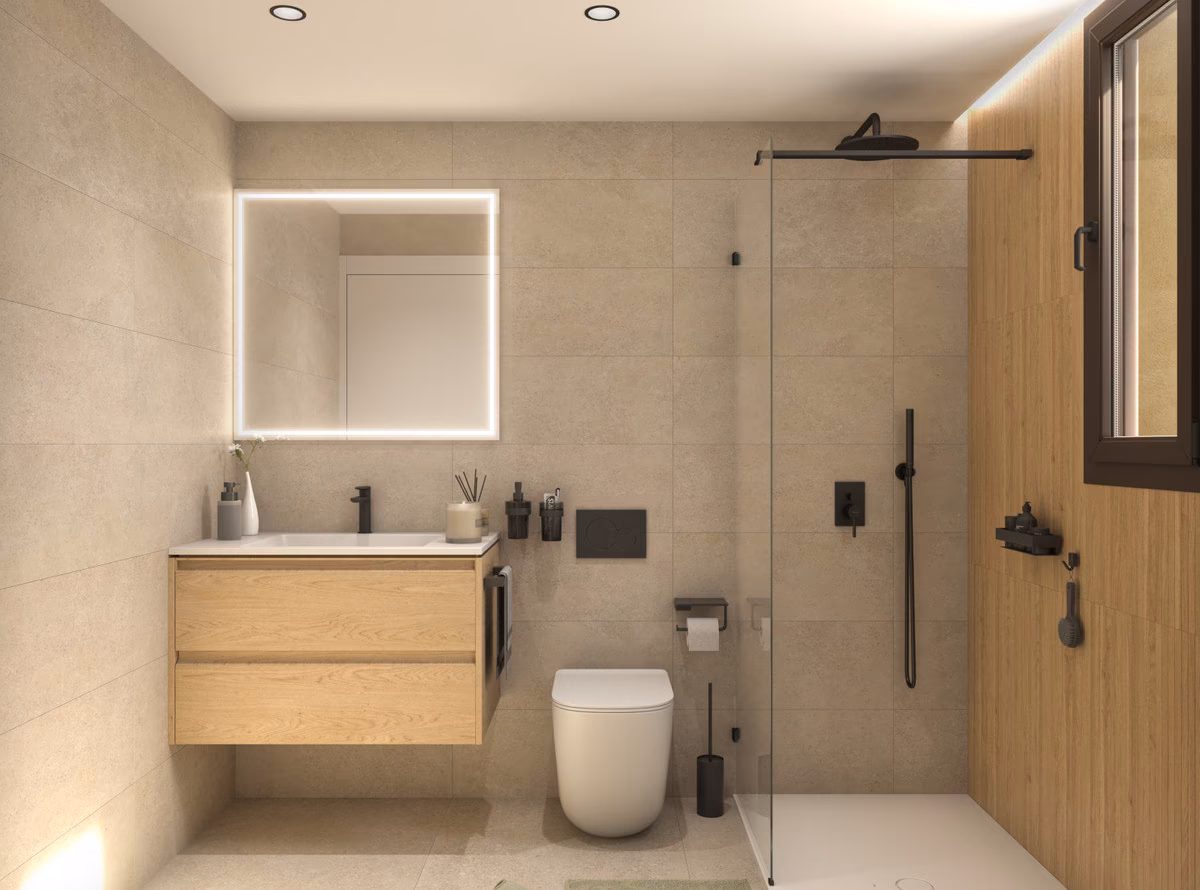Visuel : salle de bains avec douche à l’italienne et mur en lames de bois
