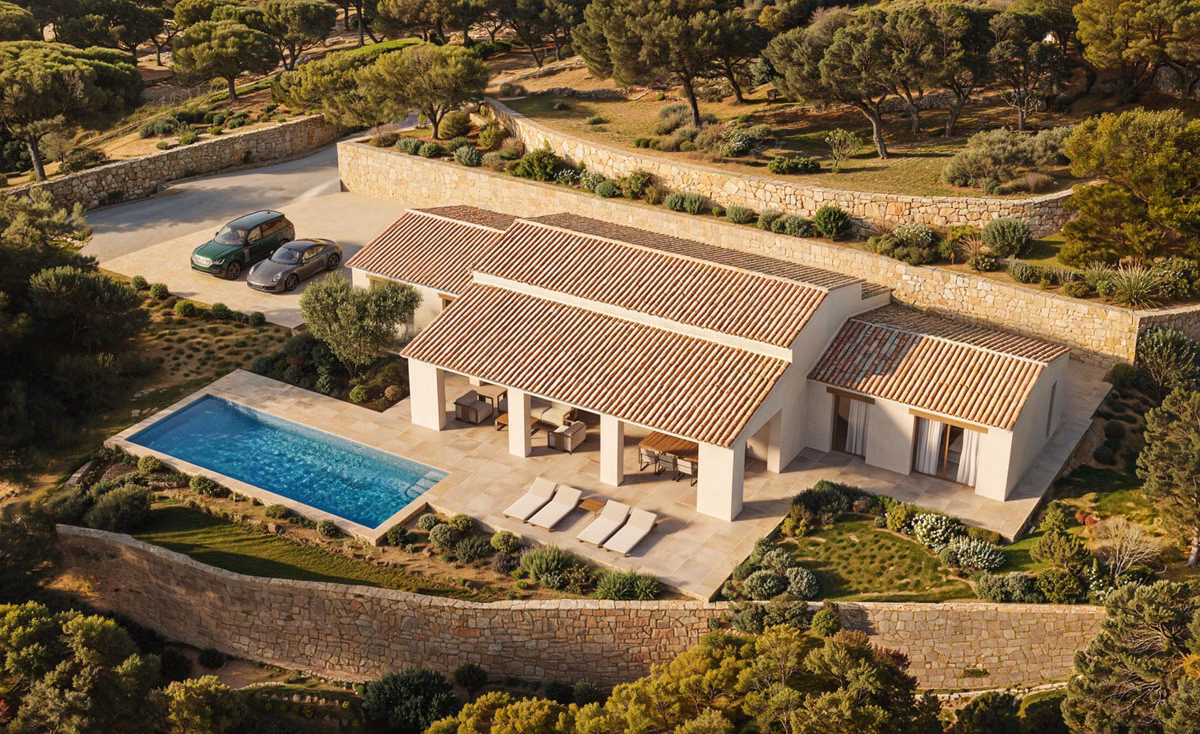 Vue aérienne de la villa Heritage 202, piscine et terrain en restanques de 11 672 m²